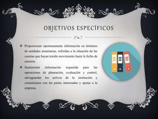OBJETIVOS ESPECÍFICOS
 Proporcionar oportunamente información en términos
de unidades monetarias, referidas a la situación de las
cuentas que hayan tenido movimiento hasta la fecha de
emisión.
 Suministrar información requerida para las
operaciones de planeación, evaluación y control,
salvaguardar los activos de la institución y
comunicarse con las partes interesadas y ajenas a la
empresa.
 