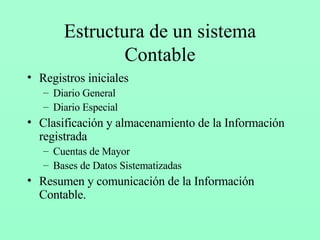 Estructura de un sistema Contable Registros iniciales Diario General Diario Especial Clasificación y almacenamiento de la Información registrada Cuentas de Mayor Bases de Datos Sistematizadas Resumen y comunicación de la Información Contable. 