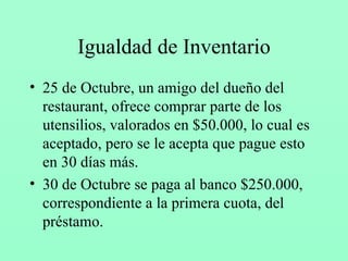 Igualdad de Inventario 25 de Octubre, un amigo del dueño del restaurant, ofrece comprar parte de los utensilios, valorados en $50.000, lo cual es aceptado, pero se le acepta que pague esto en 30 días más. 30 de Octubre se paga al banco $250.000, correspondiente a la primera cuota, del préstamo. 