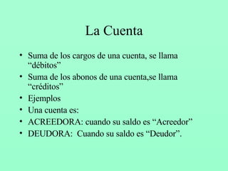 La Cuenta Suma de los cargos de una cuenta, se llama “débitos” Suma de los abonos de una cuenta,se llama “créditos” Ejemplos Una cuenta es: ACREEDORA: cuando su saldo es “Acreedor” DEUDORA:  Cuando su saldo es “Deudor”. 