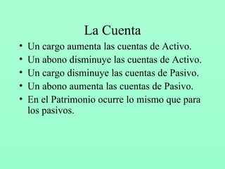 La Cuenta Un cargo aumenta las cuentas de Activo. Un abono disminuye las cuentas de Activo. Un cargo disminuye las cuentas de Pasivo. Un abono aumenta las cuentas de Pasivo. En el Patrimonio ocurre lo mismo que para los pasivos. 