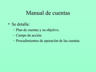 Manual de cuentas Se detalla: Plan de cuentas y su objetivo. Campo de acción. Procedimientos de operación de las cuentas. 