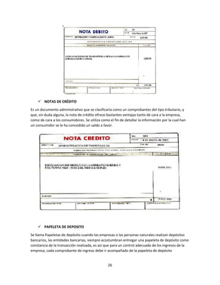 26
 NOTAS DE CRÉDITO
Es un documento administrativo que se clasificaría como un comprobantes del tipo tributario, y
que, sin duda alguna, la nota de crédito ofrece bastantes ventajas tanto de cara a la empresa,
como de cara a los consumidores. Se utiliza como el fin de detallar la información por la cual han
un consumidor se le ha concedido un saldo a favor.
 PAPELETA DE DEPOSITO
Se llama Papeletas de depósito cuando las empresas o las personas naturales realizan depósitos
bancarios, las entidades bancarias, siempre acostumbran entregar una papeleta de depósito como
constancia de la transacción realizada, es así que para un control adecuado de los ingresos de la
empresa, cada comprobante de ingreso debe ir acompañado de la papeleta de depósito
 