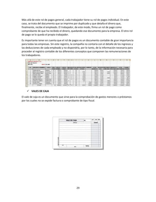 29
Más allá de este rol de pagos general, cada trabajador tiene su rol de pagos individual. En este
caso, se trata del documento que se imprime por duplicado y que detalla el dinero que,
finalmente, recibe el empleado. El trabajador, de este modo, firma un rol de pago como
comprobante de que ha recibido el dinero, quedando ese documento para la empresa. El otro rol
de pago se lo queda el propio trabajador.
Es importante tener en cuenta que el rol de pagos es un documento contable de gran importancia
para todas las empresas. Sin este registro, la compañía no contaría con el detalle de los ingresos y
las deducciones de cada empleado y no dispondría, por lo tanto, de la información necesaria para
proceder al registro contable de los diferentes conceptos que componen las remuneraciones de
los trabajadores.
 VALES DE CAJA
El vale de caja es un documento que sirve para la comprobación de gastos menores o préstamos
por los cuales no se expide factura o comprobante de tipo fiscal.
 