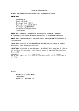 EMPRESA AREBALOS LTDA.
Empieza su actividad comercial del mes de enero con los siguientes datos:
01/01/2016.-
- Caja $50000.00
- Bancos $10000.00
- Cuentas por cobrar $5000.00
- Equipos de computación $10000.00
- Cuentas por pagar $10000.00
- Documentos por pagar $5000.00
- Capital Social?
02/01/2016.- La Empresa AREBALOS LTDA. Presta servicios de limpieza a la empresa
PLASTIEMPAQUES por el valor de $2800.00 según factura nº 158, cancelan con cheque
04/01/2016.- Pagamos los servicios básicos del mes por el valor de $300.00 según factura nº
123 con cheque
11/01/2016.- adquirimos un archivados a MUEBLERÍAS PAQUITO por el valor de $1500.00
según factura nº147 cancelamos con cheque
18/01/2016.- prestamos el servicio de limpieza a BANCO GUAYAQUIL por el valor de $1000.00
nos cancelan el 50% con cheque y por la diferencia nos dan un pagare a 30 días plazo. Según
factura nº789
25/01/2016.- pagamos a el diario EL COMERCIO por publicidad, el valor de $500.00 pagamos
con cheque
Se pide:
- BALANCE DE SITUACIÓN INICIAL
- LIBRO MAYOR
- BALANCE DE COMPROBACIÓN
 