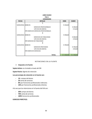 44
RETENCIONES EN LA FUENTE
 Impuesto a la Fuente
Sujeto Activo: es el estado a través del SRI
Sujeto Pasivo: Agente de retención
Los porcentajes de retención en la fuente son:
- 1% compra de bienes
- 2% venta de servicios
- 8% por honorarios profesionales indirectos
- 10% por honorarios profesionales directos
A la vez que las retenciones en la fuente del IVA son:
- 30% compra de bienes
- 70% venta de servicios
- 100% honorarios profesionales
EJERCICIO PRÁCTICO:
 