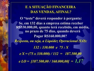 E A SITUAÇÃO FINANCEIRA  DAS VENDAS, AFINAL? O “teste” deverá responder à pergunta: Se, em 132 dias a empresa estima receber R$330.000,00, quanto terá recebido, em média, no prazo de 75 dias, quando deverá Pagar R$160.000,00?  Resposta, ou seja, a Liquidez Operacional (LO): 132 : 330.000  e  75 : X e X = (75 x 330.000) / 132  =  187.500,00  e LO =  [187.500,00 / 160.000,00]  =  1,17 
