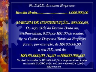 Na D.R.E. da nossa Empresa:  Receita Bruta................................. 1.000.000,00  . . MARGEM DE CONTRIBUIÇÃO.. 200.000,00, Ou seja, 20% da Receita Bruta ou, melhor ainda, 0,20 por R$1,00 de vendas. Se os Custos e Despesas Totais da Empresa forem, por exemplo, de R$180.000,00, o seu P.E. será de  R$180.000,00 / 0,20 = R$900.000,00 No nível de vendas de R$1.000.000,00, a empresa deverá estar realizando LUCRO de [(1.000.000 – 900.000) x 0,20] = R$20.000,00 