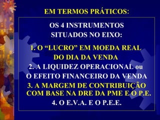 EM TERMOS PRÁTICOS: OS 4 INSTRUMENTOS SITUADOS NO EIXO: 1. O “LUCRO” EM MOEDA REAL  DO DIA DA VENDA  2. A LIQUIDEZ OPERACIONAL ou  O EFEITO FINANCEIRO DA VENDA 3. A MARGEM DE CONTRIBUIÇÃO COM BASE NA DRE DA PME E O P.E.   4. O E.V.A. E O P.E.E. 