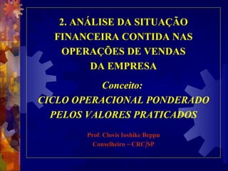 2. ANÁLISE DA SITUAÇÃO FINANCEIRA CONTIDA NAS OPERAÇÕES DE VENDAS DA EMPRESA Conceito:  CICLO OPERACIONAL PONDERADO PELOS VALORES PRATICADOS Prof. Clovis Ioshike Beppu Conselheiro – CRC/SP 