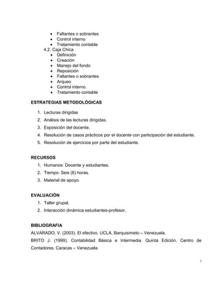 • Faltantes o sobrantes
• Control interno
• Tratamiento contable
4.2. Caja Chica
• Definición
• Creación
• Manejo del fondo
• Reposición
• Faltantes o sobrantes
• Arqueo
• Control interno
• Tratamiento contable
ESTRATEGIAS METODOLÓGICAS
1. Lecturas dirigidas
2. Análisis de las lecturas dirigidas.
3. Exposición del docente.
4. Resolución de casos prácticos por el docente con participación del estudiante.
5. Resolución de ejercicios por parte del estudiante.
RECURSOS
1. Humanos: Docente y estudiantes.
2. Tiempo: Seis (6) horas.
3. Material de apoyo.
EVALUACIÓN
1. Taller grupal.
2. Interacción dinámica estudiantes-profesor.
BIBLIOGRAFIA
ALVARADO, V. (2003). El efectivo. UCLA, Barquisimeto – Venezuela.
BRITO J. (1999). Contabilidad Básica e Intermedia. Quinta Edición. Centro de
Contadores. Caracas – Venezuela.
5
 