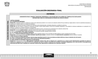 SECRETARÍA DE DOCENCIA
                                                                                                                                                                                 DIRECCIÓN DE ESTUDIOS DE NIVEL MEDIO SUPERIOR
                                                                                                                                                                                                                 CONTABILIDAD


                                                                                               EVALUACIÓN ORDINARIA FINAL

                                                                                                                          CRITERIOS
                                                     LINEAMIENTOS PARA EL INGRESO, PROMOCIÓN, PERMANENCIA Y EVALUACIÓN PARA LOS ALUMNOS DEL CURRÍCULO DEL BACHILLERATO
                                                                             UNIVERSITARIO 2009 DE LA UNIVERSIDAD AUTÓNOMA DEL ESTADO DE MÉXICO

                             CAPÍTULO SEGUNDO
VALORACIÓN ORDINARIA FINAL




                             DE LA VALORACIÓN ORDINARIA
                             Artículo 36. La valoración ordinaria se realizará por medio de dos valoraciones parciales o en su caso de una valoración ordinaria final que tendrán por objeto estimar el nivel de cumplimiento alcanzado por
                             el alumno en los objetivos fijados en el programa de asignatura.
                             Artículo 37. Las valoraciones parciales se integrarán por exámenes escritos departamentales, actividades integradoras y portafolio de evidencias.
                             Artículo 38. Para tener derecho a presentar las valoraciones parciales el alumno deberá aprobar el 50% de las actividades integradoras y del portafolio de evidencias establecidas en la planeación de la
                             asignatura y avalada por la Academia Disciplinaria correspondiente.
                             Las calificaciones de las valoraciones parciales se promediarán para efectos de eximir a los alumnos de la presentación de la valoración ordinaria final.
                             Artículo 39. Los alumnos podrán exentar la valoración ordinaria final cuando cumplan con los siguientes requisitos:
                             I. Contar con un promedio mayor o igual a 8.0 puntos en las valoraciones parciales realizadas durante el periodo.
                             II. Haber aprobado todas las Actividades Integradoras.
                             III. Tener un mínimo de asistencias del 80 por ciento de clases impartidas durante el curso; porcentaje que deberá definirse en base al calendario del ciclo escolar.
                             Artículo 40. En caso de que el alumno no tenga el promedio requerido para exentar la valoración ordinaria final tendrá derecho a presentarla debiendo satisfacer lo siguiente:
                             I. Estar Inscrito en el Plantel respectivo.
                             II. Tener un mínimo de asistencias del 80 por ciento de clases impartidas durante el curso; porcentaje que deberá definirse en base al calendario del ciclo escolar.
                             III. Tener un promedio igual o mayor de 6.0 y menor de 8.0 en las valoraciones parciales; y
                             IV. Haber aprobado las actividades integradoras correspondientes.
                             Artículo 41. En caso de que el alumno deba presentar la valoración ordinaria final, ésta se integrará por la aplicación de un examen escrito departamental acumulativo de todos los
                             módulos de la asignatura con un valor del 70% de la calificación así como la revisión y corrección de la actividad o actividades integradoras, con un valor del 30%. El pro medio de las
                             valoraciones parciales más el resultado de la valoración ordinaria final, determinarán la calificación de la valoración ordinaria.




                                                                                                                                                                                                                                         29
 