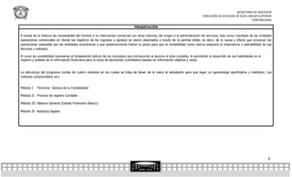 SECRETARÍA DE DOCENCIA
                                                                                                                                  DIRECCIÓN DE ESTUDIOS DE NIVEL MEDIO SUPERIOR
                                                                                                                                                                  CONTABILIDAD

                                                                                 PRESENTACIÓN

A través de la Historia las necesidades del hombre y su intercambio comercial con otras culturas, dio origen a la administración de recursos, esto como resultado de las múltiples
operaciones comerciales en donde los registros de los ingresos y egresos se vieron plasmados a través de la partida doble, es decir, de la causa y efecto que provocan las
operaciones realizadas por las entidades económicas y que posteriormente fueron la pauta para que la contabilidad como ciencia adquiera la importancia y aplicabilidad de sus
técnicas y métodos.

El curso de contabilidad representa el fundamento teórico de los conceptos que introducirán al alumno al área contable, le permitirán el desarrollo de sus habilidades en el
registro y análisis de la información financiera para la toma de decisiones cuantitativa basada en información objetiva y veraz


La estructura del programa consta de cuatro módulos en los cuales se trata de llevar de la mano al estudiante para que logre un aprendizaje significativo y metódico. Los
módulos comprendidos son:


Módulo I   Términos básicos de la Contabilidad

Módulo II Proceso de registro Contable

Módulo III Balance General (Estado Financiero Básico)

Módulo IV Aspectos legales




                                                                                                                                                                               6
 