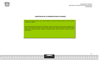 SECRETARÍA DE DOCENCIA
                                                                                                                    DIRECCIÓN DE ESTUDIOS DE NIVEL MEDIO SUPERIOR
                                                                                                                                                    CONTABILIDAD




                          COMPETENCIAS DE LA DIMENSIÓN (PERFIL DE EGRESO)


Piensa de manera flexible, analítica y crítica al definir estrategias para la solución creativa de problemas, la toma de decisiones
y el análisis de la realidad.




Aplica conscientemente diferentes formas de razonamiento al reconocer un problema y definirlo; al hacer una reflexión crítica
a partir de las preguntas que se plantea; al poner a prueba sus ideas, juicios, conceptos o respuestas; al desarrollar diversas
estrategias para investigar, sistematizar, Representar, comprender, analizar y aplicar información y al controlar y evaluar el
proceso seguido.




                                                                                                                                                              9
 