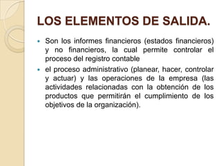 LOS ELEMENTOS DE SALIDA.
   Son los informes financieros (estados financieros)
    y no financieros, la cual permite controlar el
    proceso del registro contable
   el proceso administrativo (planear, hacer, controlar
    y actuar) y las operaciones de la empresa (las
    actividades relacionadas con la obtención de los
    productos que permitirán el cumplimiento de los
    objetivos de la organización).
 