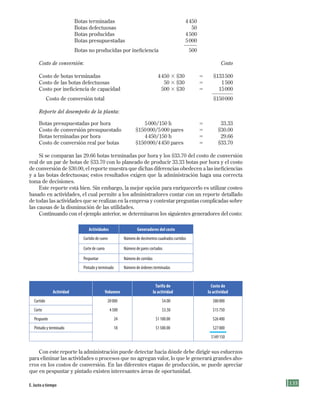 135
Botas terminadas 4450
Botas defectuosas 50
Botas producidas 4500
Botas presupuestadas 5000
Botas no producidas por ineficiencia 500
Costo de conversión: Costo
Costo de botas terminadas 4450 3 $30 5 $133500
Costo de las botas defectuosas 50 3 $30 5 1500
Costo por ineficiencia de capacidad 500 3 $30 5 15000
Costo de conversión total $150000
Reporte del desempeño de la planta:
Botas presupuestadas por hora 5000/150 h 5 33.33
Costo de conversión presupuestado $150000/5000 pares 5 $30.00
Botas terminadas por hora 4450/150 h 5 29.66
Costo de conversión real por botas $150000/4450 pares 5 $33.70
Si se comparan las 29.66 botas terminadas por hora y los $33.70 del costo de conversión
real de un par de botas de $33.70 con lo planeado de producir 33.33 botas por hora y el costo
de conversión de $30.00, el reporte muestra que dichas diferencias obedecen a las ineficiencias
y a las botas defectuosas; estos resultados exigen que la administración haga una correcta
toma de decisiones.
Este reporte está bien. Sin embargo, la mejor opción para enriquecerlo es utilizar costeo
basado en actividades, el cual permite a los administradores contar con un reporte detallado
de todas las actividades que se realizan en la empresa y contestar preguntas complicadas sobre
las causas de la disminución de las utilidades.
Continuando con el ejemplo anterior, se determinaron los siguientes generadores del costo:
Actividades Generadores del costo
Curtido de cuero Número de decímetros cuadrados curtidos
Corte de cuero Número de pares cortados
Pespuntar Número de corridas
Pintado y terminado Número de órdenes terminadas
Actividad Volumen
Tarifa de
la actividad
Costo de
la actividad
Curtido 20000 $4.00 $80000
Corte 4500 $3.50 $15750
Pespunte 24 $1100.00 $26400
Pintado y terminado 18 $1500.00 $27000
$149150
Con este reporte la administración puede detectar hacia dónde debe dirigir sus esfuerzos
para eliminar las actividades o procesos que no agregan valor, lo que le generará grandes aho-
rros en los costos de conversión. En las diferentes etapas de producción, se puede apreciar
que en pespuntar y pintado existen interesantes áreas de oportunidad.
E. Justo a tiempo
Formación (4)ok.indd 135 2/1/08 6:53:08 PM
 