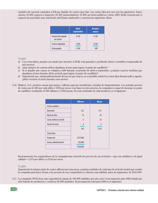 196 Capítulo 5 El modelo o relación costo-volumen-utilidad
variables de operarlo equivalen a $20 por alquiler de cuarto (por día). Los costos fijos por mes son los siguientes: depre-
ciación, $3 000; seguros e impuesto, $2 500; mantenimiento, $1 600; servicios públicos y otros, $900. Kelly comenta que el
negocio ha marchado muy mal desde abril hasta septiembre y muestra las siguientes cifras:
Abril-
septiembre
Octubre-
marzo
Potencial	de	alquiler		
	 de	cuartos
9	150 	 9	100
Cuartos	alquilados 5	050 	 8	700
Desocupados 4	100 	 400
Se pide:
a) Con estos datos, prepare un estado que muestre si Kelly está ganando o perdiendo dinero (considere temporadas de
seis meses).
b) ¿Qué número de cuartos deben alquilarse al mes para lograr el punto de equilibrio?
c) Si el alquiler por cuarto se redujera a $80 durante el periodo de abril a septiembre, ¿cuántos cuartos tendrían que
alquilarse al mes durante dicho periodo para lograr el punto de equilibrio?
d) Suponiendo que, independientemente del precio por cuarto, no es posible cubrir los costos fijos durante julio y agosto,
¿debe cerrarse el motel durante esos meses?
5-16 Madero, S.A., produce mesas para juego y sillones para las mueblerías y tiendas de departamentos. Los actuales precios
de venta son de $80 por cada sillón y $160 por mesa. Con base en estos precios, la compañía es capaz de alcanzar su punto
de equilibrio vendiendo 12 000 sillones y 3 000 mesas. El costo estimado de cada producto es el siguiente:
Sillones Mesas
Costos	variables:
Materiales 	 $25 	 $75
Mano	de	obra 	 10 	 20
Costos	indirectos	de	fab. 	 5 	 25
Gastos	de	venta 	 4 	 4
	 $44 	 $124
Costos	fijos:
Producción 	 $375	000
Venta	y	administración 	 165	000
	 $540	000
Recientemente los competidores de la compañía han reducido los precios de sus artículos —que son similares y de igual
calidad— a $75 por sillón y a $150 por mesa.
Se pide:
Suponiendo la misma razón de cuatro sillones por una mesa, ¿cuántas unidades de cada tipo de artículo tendrá que vender
la compañía para hacer frente a los precios de sus competidores y obtener una utilidad, antes de impuestos, de $510 000?
5-17 La compañía UPSA tiene una capacidad de planta de 100 000 unidades por año, pero el presupuesto para 2008 señala que
sólo habrán de producirse y venderse 60 000 unidades. El presupuesto total para 2008 es el siguiente:
Formación (5)ok.indd 196 2/1/08 6:54:34 PM
 