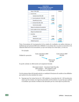 210 CApítulo 6 Sistema de costeo
Costeo directo
Estado de resultados del 1 de enero
al 31 de diciembre de 2010
	 Ventas	(1	300	a	$300) 	 $390	000
(2)	 Costo	de	venta:
	 	 Inventario	inicial	(300	a	$80) 	 $24	000
	 (1)	 Costo	de	producción	(1	200	a	$80) 	 96	000
	 	 Disponible	para	la	venta 	 120	000
	 (2)	 Inventario	final	(200	a	$80) 	 16	000
	 	 Costo	de	venta	variable 	 104	000
	 Margen	de	contribución	de	la	producción 	 286	000
(2)	 Gastos	variables	de	venta	y	administración 	 26	000
	 Margen	de	contribución	total 	 260	000
(2)	 Costos	fijos:
	 	 Producción 	 120	000
	 	 Administración	y	venta 	 30	000 	 150	000
	 Utilidad	de	operación 	 $110	000
Visto el mecanismo de la preparación de los estados de resultados con ambos sistemas, se
analizará por qué generan diferentes utilidades en un mismo año. La causa se encuentra en la
valuación diferente de los inventarios, ya que uno incluye los costos fijos, y el otro no.
Por ejemplo:
Costeo absorbente 2009 Costeo directo 2009
Utilidad de operación $60 000 $50 000
Se puede calcular ese diferencial con la siguiente fórmula:
(Inventario inicial 2 Inventario final) Tasa fija
(200 unidades 2 300 unidades) $100
5 $10 000, que es el diferencial
Con los mismos datos del ejemplo anterior, se analizará el fenómeno de cambio en las utilidades
por medio de los dos métodos de costeo:
1. Suponga que las ventas fueron de 1 000 unidades y la producción de 1 100 (producción
mayor que las ventas). Los ingresos generados son los mismos. Lo que hay que analizar
es mediante qué método resultaron más afectados por los costos fijos de producción.
Diferencial
$10 000
Formación (6)ok.indd 210 2/1/08 6:55:07 PM
 