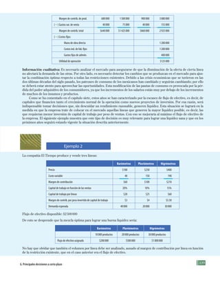 339G. principales decisiones a corto plazo
Margen de contrib. de prod. 680000 1500000 900000 3080000
(2) Gastos var. de venta 40000 75000 40000 155000
Margen de contrib. total $640000 $1425000 $860000 2925000
(2) Costos fijos:
Mano de obra directa 1200000
Costos ind. de fab. fijos 1200000
Gastos fijos de admón. 400000
Utilidad de operación $125000
Información cualitativa: Es necesario analizar el mercado para asegurarse de que la disminución de la oferta de cierta línea
no afectará la demanda de las otras. Por otro lado, es necesario detectar los cambios que se produzcan en el mercado para ajus-
tar la combinación óptima respecto a todas las restricciones existentes. Debido a las crisis económicas que se tuvieron en las
dos últimas décadas del siglo pasado, los patrones de consumo de los mexicanos han cambiado y seguirán cambiando; por ello
se deberá estar atento para aprovechar las oportunidades. Esta modificación de las pautas de consumo es provocada por la pér-
dida del poder adquisitivo de los consumidores, ya que los incrementos de los salarios están muy por debajo de los incrementos
de muchos de los insumos y productos.
Como se ha comentado en el capítulo siete, estos años se han caracterizado por la escasez de flujo de efectivo, es decir, de
capitales que financien tanto el crecimiento normal de la operación como nuevos proyectos de inversión. Por esa razón, será
indispensable tomar decisiones que, sin descuidar un rendimiento razonable, generen liquidez. Esta situación se logrará en la
medida en que la empresa trate de colocar en el mercado aquellas líneas que generen la mayor liquidez posible, es decir, las
que requieran menor inversión de capital de trabajo por peso de ventas. Con eso se mejoraría al máximo el flujo de efectivo de
la empresa. El siguiente ejemplo muestra que este tipo de decisión es muy relevante para lograr una liquidez sana y que en los
próximos años seguirá estando vigente la situación descrita anteriormente.
La compañía El Tiempo produce y vende tres líneas:
Barómetros Pluviómetros Higrómetros
Precio $100 $250 $400
Costo variable 40 150 190
Margen de contribución $60 $100 $210
Capital de trabajo en función de las ventas 20% 10% 15%
Capital de trabajo por líneas $20 $25 $60
Margen de contrib. por peso invertido de capital de trabajo $3 $4 $3.50
Demanda esperada 40000 20000 30000
Flujo de efectivo disponible: $2500000
De esto se desprende que la mezcla óptima para lograr una buena liquidez sería:
Barómetros Pluviómetros Higrómetros
10000 productos 20000 productos 30000 productos
Flujo de efectivo asignado $200000 $500000 $1800000
No hay que olvidar que también el volumen por línea debe ser analizado, aunado al margen de contribución por línea en función
de la restricción existente, que en el caso anterior era el flujo de efectivo.
Ejemplo 2
Formación (8)ok.indd 339 2/1/08 6:57:57 PM
 