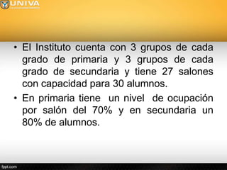 • El Instituto cuenta con 3 grupos de cada
  grado de primaria y 3 grupos de cada
  grado de secundaria y tiene 27 salones
  con capacidad para 30 alumnos.
• En primaria tiene un nivel de ocupación
  por salón del 70% y en secundaria un
  80% de alumnos.
 