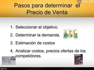 Pasos para determinar el
      Precio de Venta

1. Seleccionar el objetivo.
2. Determinar la demanda.
3. Estimación de costos
4. Analizar costos, precios ofertas de los
   competidores.
 