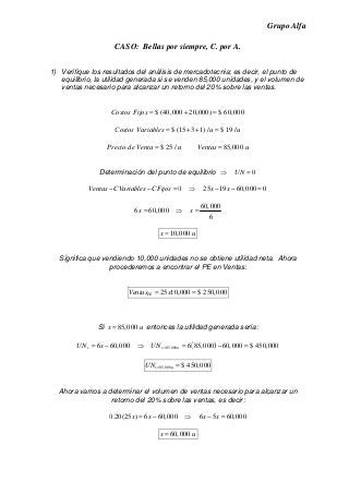 Grupo Alfa
CASO: Bellas por siempre, C. por A.
1) Verifique los resultados del análisis de mercadotecnia; es decir, el punto de
equilibrio, la utilidad generada si se venden 85,000 unidades, y el volumen de
ventas necesario para alcanzar un retorno del 20% sobre las ventas.
$ (40,000 20,000) $ 60,000Costos Fijos = + =
$ (15 3 1) / $ 19 /Costos Variables u u= + + =
$ 25 / 85,000Precio de Venta u Ventas u= =
Determinación del punto de equilibrio ⇒ 0UN =
0 25 19 60,000 0Ventas CVariables CFijos x x− − = ⇒ − − =
60,000
6 60,000
6
x x= ⇒ =
10,000x u=
Significa que vendiendo 10,000 unidades no se obtiene utilidad neta. Ahora
procederemos a encontrar el PE en Ventas:
25 10,000 $ 250,000PEVentas x= =
Si 85,000x u= entonces la utilidad generada sería:
( )85,0006 60,000 6 85,000 60,000 $ 450,000x x uUN x UN == − ⇒ = − =
85,000 $ 450,000x uUN = =
Ahora vamos a determinar el volumen de ventas necesario para alcanzar un
retorno del 20% sobre las ventas, es decir:
0.20(25 ) 6 60,000 6 5 60,000x x x x= − ⇒ − =
60,000x u=
 