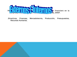Personas físicas y morales que tienen un interés financiero en la
   empresa, Inst. Bancarias, Proveedores, Acreedores, SHCP.


.Directivos, Finanzas,   Mercadotecnia,   Producción,   Presupuestos,
    Recursos Humanos.
 
