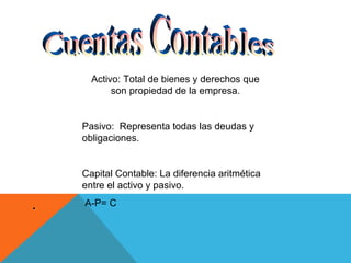 Activo: Total de bienes y derechos que
           son propiedad de la empresa.


    Pasivo: Representa todas las deudas y
    obligaciones.


    Capital Contable: La diferencia aritmética
    entre el activo y pasivo.

.   A-P= C
 