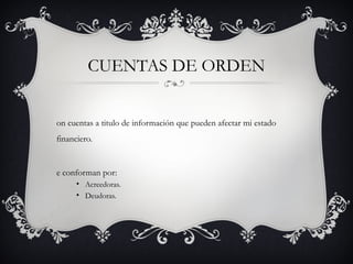 CUENTAS DE ORDEN


on cuentas a titulo de información que pueden afectar mi estado
financiero.


e conforman por:
      • Acreedoras.
      • Deudoras.
 