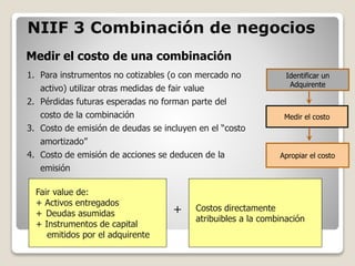 Medir el costo de una combinación
NIIF 3 Combinación de negocios
Fair value de:
+ Activos entregados
+ Deudas asumidas
+ Instrumentos de capital
emitidos por el adquirente
Costos directamente
atribuibles a la combinación
+
1. Para instrumentos no cotizables (o con mercado no
activo) utilizar otras medidas de fair value
2. Pérdidas futuras esperadas no forman parte del
costo de la combinación
3. Costo de emisión de deudas se incluyen en el “costo
amortizado”
4. Costo de emisión de acciones se deducen de la
emisión
Identificar un
Adquirente
Medir el costo
Apropiar el costo
 