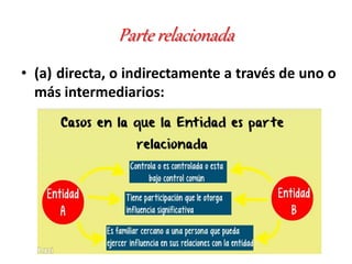 Parte relacionada
• (a) directa, o indirectamente a través de uno o
más intermediarios:
 