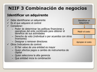 Identificar un adquirente
NIIF 3 Combinación de negocios
 Debe identificarse un adquirente
 Es el que adquiere el control
 Considerar:
– Poder de determinar las políticas financieras y
operativas del ente combinado para obtener el
beneficio de sus actividades
– Derecho de voto (individual o por acuerdos con otros
inversores)
– Designar o remover directores
 Otros Indicadores de control:
– El Fair value de una entidad es mayor
– Quien efectúa pagos a cambio de instrumentos de
capital
– Quien selecciona la alta gerencia
– Que entidad inicia la combinación
Identificar un
Adquirente
Medir el costo
Apropiar el costo
 