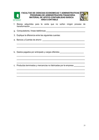 FACULTAD DE CIENCIAS ECONOMICAS Y ADMINISTRATIVAS
PROGRAMA DE ADMINISTRACIÓN FINANCIERA
MATERIAL DE APOYO CONTABILIDAD BÁSICA
AREA CONTABLE
25
f. Bienes adquiridos para la venta que no sufren ningún proceso de
transformación ___________________________________________________
g. Computadores, líneas telefónicas ____________________________________
3. Explique la diferencia entre las siguientes cuentas:
a. Bancos y Cuentas de ahorro _______________________________________
_______________________________________________________________
_______________________________________________________________
b. Gastos pagados por anticipado y cargos diferidos ______________________
_______________________________________________________________
_______________________________________________________________
_______________________________________________________________
c. Productos terminados y mercancías no fabricadas por la empresa __________
_______________________________________________________________
_______________________________________________________________
_______________________________________________________________
 