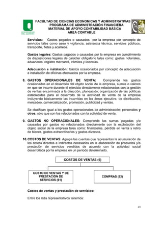 FACULTAD DE CIENCIAS ECONOMICAS Y ADMINISTRATIVAS
PROGRAMA DE ADMINISTRACIÓN FINANCIERA
MATERIAL DE APOYO CONTABILIDAD BÁSICA
AREA CONTABLE
49
Servicios: Gastos pagados o causados por la empresa por concepto de
servicios tales como aseo y vigilancia, asistencia técnica, servicios públicos,
transporte, fletes y acarreos.
Gastos legales: Gastos pagados o causados por la empresa en cumplimiento
de disposiciones legales de carácter obligatorio tales como: gastos notariales,
aduaneros, registro mercantil, trámites y licencias.
Adecuación e instalación: Gastos ocasionados por concepto de adecuación
e instalación de oficinas efectuados por la empresa.
8. GASTOS OPERACIONALES DE VENTA: Comprende los gastos
ocasionados en el desarrollo del objeto social de la empresa, sumas o valores
en que se incurre durante el ejercicio directamente relacionados con la gestión
de ventas encaminada a la dirección, planeación, organización de las políticas
establecidas para el desarrollo de la actividad de venta de la empresa
incluyendo básicamente las incurridas en las áreas ejecutiva, de distribución,
mercadeo, comercialización, promoción, publicidad y ventas.
Se clasifican igual a los gastos operacionales de administración: personales y
otros, sólo que son los relacionados con la actividad de venta.
9. GASTOS NO OPERACIONALES: Comprende las sumas pagadas y/o
causadas por gastos no relacionados directamente con la explotación del
objeto social de la empresa tales como: financieros, pérdida en venta y retiro
de bienes, gastos extraordinarios y gastos diversos.
10.COSTOS DE VENTAS: Agrupa las cuentas que representan la acumulación de
los costos directos e indirectos necesarios en la elaboración de productos y/o
prestación de servicios vendidos de acuerdo con la actividad social
desarrollada por la empresa en un período determinado.
Costos de ventas y prestación de servicios:
Entre los más representativos tenemos:
COSTOS DE VENTAS (6)
COSTO DE VENTAS Y DE
PRESTACIÓN DE
SERVICIOS (61)
COMPRAS (62)
 