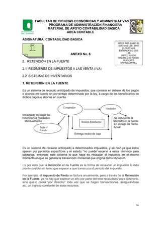 FACULTAD DE CIENCIAS ECONOMICAS Y ADMINISTRATIVAS
PROGRAMA DE ADMINISTRACIÓN FINANCIERA
MATERIAL DE APOYO CONTABILIDAD BÁSICA
AREA CONTABLE
56
ASIGNATURA: CONTABILIDAD BASICA
ANEXO No. 6
2. RETENCIÓN EN LA FUENTE
2.1 REGIMENES DE IMPUESTOS A LAS VENTA (IVA)
2.2 SISTEMAS DE INVENTARIOS
1. RETENCIÓN EN LA FUENTE
Es un sistema de recaudo anticipado de impuestos, que consiste en detraer de los pagos
o abonos en cuenta un porcentaje determinado por la ley, a cargo de los beneficiarios de
dichos pagos o abonos en cuenta.
Encargado de pagar las
Retenciones realizadas Se descuenta la
Mensualmente retención en la fuente
En el pago de Renta
Anual
Entrega recibo de caja
Es un sistema de recaudo anticipado a determinados impuestos, y se creó ya que éstos
operan por períodos específicos y el estado “no puede” esperar a estos términos para
cobrarlos, entonces este sistema lo que hace es recaudar el impuesto en el mismo
momento en que se genera la transacción comercial que origina dicho impuesto.
Es por esto que la Retención en la Fuente es la forma de recaudar un impuesto lo más
pronto posible sin tener que esperar a que transcurra el período del impuesto.
Por ejemplo, el Impuesto de Renta se factura anualmente, pero a través de la Retención
en la Fuente, ya no hay que esperar un año por parte del ente recaudador para obtenerlo,
sino que lo cobra “por derecha” toda vez que se hagan transacciones, asegurándose
así, un ingreso constante de estos recursos.
Comprador Vendedor
Paga el
Estado
Realiza Retefuente
NO ES MÁS SABIO EL
QUE MÁS LEE, SINO
EL QUE MÁS
ENTIENDE LO QUE
LEE
USTED PUEDE
HACERLO SI PUEDE
QUE CREE
NAPALEÓN HILL
 