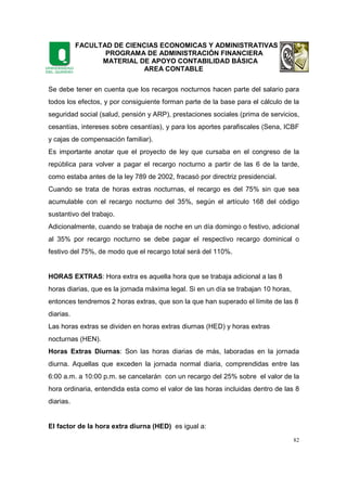 FACULTAD DE CIENCIAS ECONOMICAS Y ADMINISTRATIVAS
PROGRAMA DE ADMINISTRACIÓN FINANCIERA
MATERIAL DE APOYO CONTABILIDAD BÁSICA
AREA CONTABLE
82
Se debe tener en cuenta que los recargos nocturnos hacen parte del salario para
todos los efectos, y por consiguiente forman parte de la base para el cálculo de la
seguridad social (salud, pensión y ARP), prestaciones sociales (prima de servicios,
cesantías, intereses sobre cesantías), y para los aportes parafiscales (Sena, ICBF
y cajas de compensación familiar).
Es importante anotar que el proyecto de ley que cursaba en el congreso de la
república para volver a pagar el recargo nocturno a partir de las 6 de la tarde,
como estaba antes de la ley 789 de 2002, fracasó por directriz presidencial.
Cuando se trata de horas extras nocturnas, el recargo es del 75% sin que sea
acumulable con el recargo nocturno del 35%, según el artículo 168 del código
sustantivo del trabajo.
Adicionalmente, cuando se trabaja de noche en un día domingo o festivo, adicional
al 35% por recargo nocturno se debe pagar el respectivo recargo dominical o
festivo del 75%, de modo que el recargo total será del 110%.
HORAS EXTRAS: Hora extra es aquella hora que se trabaja adicional a las 8
horas diarias, que es la jornada máxima legal. Si en un día se trabajan 10 horas,
entonces tendremos 2 horas extras, que son la que han superado el límite de las 8
diarias.
Las horas extras se dividen en horas extras diurnas (HED) y horas extras
nocturnas (HEN).
Horas Extras Diurnas: Son las horas diarias de más, laboradas en la jornada
diurna. Aquellas que exceden la jornada normal diaria, comprendidas entre las
6:00 a.m. a 10:00 p.m. se cancelarán con un recargo del 25% sobre el valor de la
hora ordinaria, entendida esta como el valor de las horas incluidas dentro de las 8
diarias.
El factor de la hora extra diurna (HED) es igual a:
 