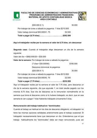FACULTAD DE CIENCIAS ECONOMICAS Y ADMINISTRATIVAS
PROGRAMA DE ADMINISTRACIÓN FINANCIERA
MATERIAL DE APOYO CONTABILIDAD BÁSICA
AREA CONTABLE
87
($30.000 X 1) 30.000
Por trabajar de lunes a sábado le pagamos 7 días $210.000
Valor trabajo dominical $30.000X1, 75 52.500
Total a pagar (8,75 días)……………………………….$262.500
Aquí el trabajador recibe por la semana el valor de 8,75 días, sin descansar
Segundo caso: Cuando el trabajador elige descansar un día de la semana
siguiente:
Valor del día = $900.000/30 = $30.000
Valor de la semana: Por trabajar de lunes a sábado le pagamos:
(7 días= $30.000X6) $180.000
Descanso dominical, le pagamos
($30.000 X 1) 30.000
Por trabajar de lunes a sábado le pagamos 7 días $210.000
Valor trabajo dominical $30.000X0, 75 22.500
Total a pagar (7,75 días)……………………………….$232.500
Aquí el trabajador recibe por la semana el valor de 7,75 días, pero descansa un
día de la semana siguiente, día que equivale 1; en total resulta pagado con los
mismos 8,75 días. Ese día de descanso se lo remuneran normalmente en la
semana que toma el descanso como si lo hubiera trabajado; es decir, que en esa
semana le van a pagar 7 días habiendo trabajado únicamente 5 días.
Remuneración del trabajo habitual en “dominicales:
Cuando el trabajo es habitual en los días de descanso obligatorio, el trabajador no
tiene las mismas opciones señaladas anteriormente para el trabajo ocasional. El
trabajador necesariamente tiene que descansar un día. Entendemos que el que
trabaja habitualmente los “dominicales” debe ser mejor remunerado, pues así
 