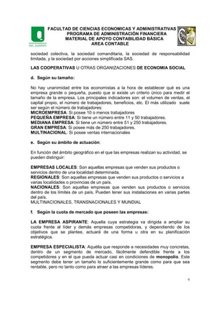 FACULTAD DE CIENCIAS ECONOMICAS Y ADMINISTRATIVAS
PROGRAMA DE ADMINISTRACIÓN FINANCIERA
MATERIAL DE APOYO CONTABILIDAD BÁSICA
AREA CONTABLE
9
sociedad colectiva, la sociedad comanditaria, la sociedad de responsabilidad
limitada, y la sociedad por acciones simplificada SAS.
LAS COOPERATIVAS U OTRAS ORGANIZACIONES DE ECONOMIA SOCIAL
d. Según su tamaño:
No hay unanimidad entre los economistas a la hora de establecer qué es una
empresa grande o pequeña, puesto que si existe un criterio único para medir el
tamaño de la empresa. Los principales indicadores son: el volumen de ventas, el
capital propio, el número de trabajadores, beneficios, etc. El más utilizado suele
ser según el número de trabajadores:
MICROEMPRESA: Si posee 10 o menos trabajadores
PEQUEÑA EMPRESA: Si tiene un número entre 11 y 50 trabajadores.
MEDIANA EMPRESA: Si tiene un número entre 51 y 250 trabajadores.
GRAN EMPRESA: Si posee más de 250 trabajadores.
MULTINACIONAL: Si posee ventas internacionales
e. Según su ámbito de actuación:
En función del ámbito geográfico en el que las empresas realizan su actividad, se
pueden distinguir:
EMPRESAS LOCALES: Son aquellas empresas que venden sus productos o
servicios dentro de una localidad determinada.
REGIONALES: Son aquellas empresas que venden sus productos o servicios a
varias localidades o provincias de un país.
NACIONALES: Son aquellas empresas que venden sus productos o servicios
dentro de los límites de un país. Pueden tener sus instalaciones en varias partes
del país.
MULTINACIONALES, TRANSNACIONALES Y MUNDIAL
f. Según la cuota de mercado que poseen las empresas:
LA EMPRESA ASPIRANTE: Aquella cuya estrategia va dirigida a ampliar su
cuota frente al líder y demás empresas competidoras, y dependiendo de los
objetivos que se plantee, actuará de una forma u otra en su planificación
estratégica.
EMPRESA ESPECIALISTA: Aquélla que responde a necesidades muy concretas,
dentro de un segmento de mercado, fácilmente defendible frente a los
competidores y en el que pueda actuar casi en condiciones de monopolio. Este
segmento debe tener un tamaño lo suficientemente grande como para que sea
rentable, pero no tanto como para atraer a las empresas líderes.
 