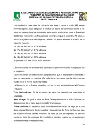 FACULTAD DE CIENCIAS ECONOMICAS Y ADMINISTRATIVAS
PROGRAMA DE ADMINISTRACIÓN FINANCIERA
MATERIAL DE APOYO CONTABILIDAD BÁSICA
AREA CONTABLE
90
Los empleados cuya base de cotización sea igual o mayor a cuatro (49 salario
mínimos legales, están obligados a efectuar un aporte adicional equivalente al 1%
sobre su ingreso base de cotización, este aporte adicional es para el Fondo de
Solidaridad Pensional. Los trabajadores con ingreso igual o superior a 16 salarios
mínimos legales mensuales vigentes, tendrán un aporte adicional al anterior de la
siguiente manera:
De 16 a 17 SMLMV un 0,2% adicional
De 17 a 18 SMLMV un 0,4% adicional
De 18 a 19 SMLMV un 0,6% adicional
De 19 a 20 SMLMV un 0,8% adicional
Superiores a 20 SMLMV un 1,0% adicional
Las deducciones por sindicato son establecidas por convenciones y aceptadas por
el empleado.
Las deducciones por anticipos son por préstamos que el empleador ha realizado y
que los descuenta por nómina. (Se debe tener en cuenta que la deducción no
puede pasar el monto legal estipulado).
La Retención en la Fuente se realiza con las normas establecidas en el Estatuto
Tributario.
Total Deducciones: Es la sumatoria de todas las deducciones realizadas al
empleado.
Neto a Pagar: Es igual al valor del Total Devengado menos el Valor Total de las
Deducciones. Es el Valor que debe recibir el empleado.
Firma conforme: El empleado debe firmar la nómina o recibo de pago, en el cual
debe estipular los ítems de devengados y deducciones. Su firma certifica que está
de acuerdo con los valores recibidos. En caso de que el empleado no esté de
conforme, debe de explicarse de inmediato el cálculo y realizar las correcciones o
esclarecimientos correspondientes.
 