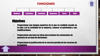 Histórica Estadística Económica Financiera Fiscal Legal
Objetivos
• Proporcionar una imagen numérica de la que en realidad sucede en
la vida y en la actividad de la empresa, conocer el patrimonio y sus
modificaciones.
• Proporcionar una base en cifras para orientar las actuaciones de
gerencia en su toma de decisiones.
• Proporcionar la justificación de la correcta gestión de los recursos de
la empresa.
 
