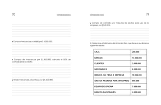 71717070
!
!
!
Compra mercancías a crédito por $ 3.000.000.
Compra de mercancías por $3.800.000, cancela el 50% de
contado saldo a crédito.
Vende mercancías, al contado por $ 9.000.000.
! Compra de contado una máquina de escribir, para uso de la
empresa, por $ 520.000.
III- Determine el Patrimonio del Almacén Real, que tiene en sus libros los
siguientes saldos:
CAJA
BANCOS
CLIENTES
NACIONALES
MER/CIA NO FBRA. X EMPRESA
GASTOS PAGADOS POR ANTICIPADO
EQUIPO DE OFICINA
BANCOS NACIONALES
200.000
14.500.000
3.000.000
8.000.000
19.000.000
800.000
7.000.000
2.000.000
CONTABILIDAD BÁSICA CONTABILIDAD BÁSICA
 