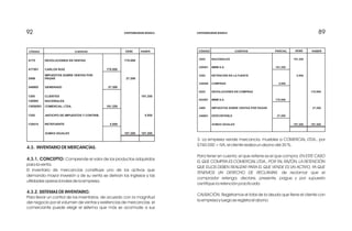 89899292
CÓDIGO CUENTAS PARCIAL DEBE HABER
2205
220501
2365
236540
6225
622501
2408
NACIONALES
MMM S.A.
RETENCIÓN EN LA FUENTE
COMPRAS
DEVOLUCIONES EN COMPRAS
MMM S.A.
IMPUESTOS SOBRE VENTAS POR PAGAR
191.250
5.950
170.000
191.250
5.950
170.000
27.200
27.200
197.200 197.200
240801 DESCONTABLE
SUMAS IGUALES
3- La empresa vende mercancía, muebles a COMERCIAL LTDA., por
$760.000 + IVA, el cliente realiza un abono del 30 %.
Para tener en cuenta, el que retiene es el que compra, EN ESTE CASO
EL QUE COMPRA ES COMERCIAL LTDA., POR TAL RAZÓN, LA RETENCIÓN
QUE ELLOS DEBEN REALIZAR PARA EL QUE VENDE ES UN ACTIVO, YA QUE
TENEMOS UN DERECHO DE RECLAMAR, de reclamar que el
comprador retenga, declare, presente, pague y por supuesto
certifique la retención practicada.
CAUSACIÓN. Registramos el total de la deuda que tiene el cliente con
la empresa y luego se registra el abono.
CÓDIGO CUENTAS DEBE HABER
4175
417501
2408
240802
1305
130505
13050501
1355
135515
DEVOLUCIONES EN VENTAS
CARLOS RUIZ
IMPUESTOS SOBRE VENTAS POR
PAGAR
GENERADO
CLIENTES
NACIONALES
COMERCIAL LTDA.
ANTICIPO DE IMPUESTOS Y CONTRIB.
RETEFUENTE
SUMAS IGUALES
170.000
170.000
27.200
27.200
191.250
191.250
197.200197.200
5.950
5.950
4.3. INVENTARIO DE MERCANCÍAS.
4.3.1. CONCEPTO: Comprende el valor de los productos adquiridos
para la venta.
El inventario de mercancías constituye uno de los activos que
demanda mayor inversión y de su venta se derivan los ingresos y las
utilidades operacionales de la empresa.
4.3.2. SISTEMAS DE INVENTARIO.
Para llevar un control de los inventarios, de acuerdo con la magnitud
del negocio por el volumen de ventas y existencias de mercancías, el
comerciante puede elegir el sistema que más se acomode a sus
CONTABILIDAD BÁSICA CONTABILIDAD BÁSICA
 