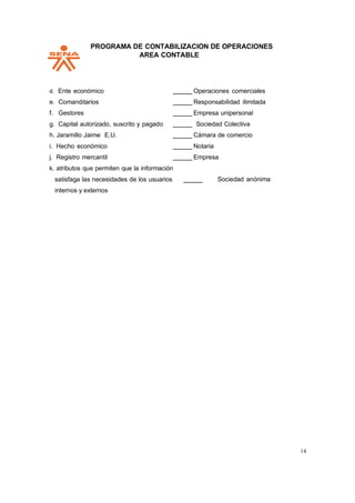 PPROGRAMA DE CONTABILIZACION DE OPERACIONES
AREA CONTABLE
14
d. Ente económico Operaciones comerciales
e. Comanditarios Responsabilidad ilimitada
f. Gestores Empresa unipersonal
g. Capital autorizado, suscrito y pagado Sociedad Colectiva
h. Jaramillo Jaime E.U. Cámara de comercio
i. Hecho económico Notaria
j. Registro mercantil Empresa
k. atributos que permiten que la información
satisfaga las necesidades de los usuarios
internos y externos
Sociedad anónima
 