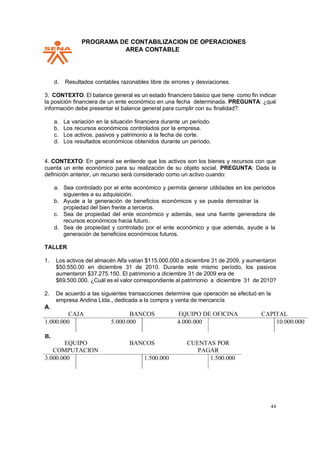 PPROGRAMA DE CONTABILIZACION DE OPERACIONES
AREA CONTABLE
44
d. Resultados contables razonables libre de errores y desviaciones.
3. CONTEXTO: El balance general es un estado financiero básico que tiene como fin indicar
la posición financiera de un ente económico en una fecha determinada. PREGUNTA: ¿qué
información debe presentar el balance general para cumplir con su finalidad?:
a. La variación en la situación financiera durante un período.
b. Los recursos económicos controlados por la empresa.
c. Los activos, pasivos y patrimonio a la fecha de corte.
d. Los resultados económicos obtenidos durante un período.
4. CONTEXTO: En general se entiende que los activos son los bienes y recursos con que
cuenta un ente económico para su realización de su objeto social. PREGUNTA: Dada la
definición anterior, un recurso será considerado como un activo cuando:
a. Sea controlado por el ente económico y permita generar utilidades en los períodos
siguientes a su adquisición.
b. Ayude a la generación de beneficios económicos y se pueda demostrar la
propiedad del bien frente a terceros.
c. Sea de propiedad del ente económico y además, sea una fuente generadora de
recursos económicos hacia futuro.
d. Sea de propiedad y controlado por el ente económico y que además, ayude a la
generación de beneficios económicos futuros.
TALLER
1. Los activos del almacén Alfa valían $115.000.000 a diciembre 31 de 2009, y aumentaron
$50.550.00 en diciembre 31 de 2010. Durante este mismo período, los pasivos
aumentaron $37.275.150. El patrimonio a diciembre 31 de 2009 era de
$69.500.000. ¿Cuál es el valor correspondiente al patrimonio a diciembre 31 de 2010?
2. De acuerdo a las siguientes transacciones determine que operación se efectuó en la
empresa Andina Ltda., dedicada a la compra y venta de mercancía
A.
CAJA BANCOS EQUIPO DE OFICINA CAPITAL
1.000.000 5.000.000 4.000.000 10.000.000
B.
EQUIPO BANCOS CUENTAS POR
COMPUTACION PAGAR
3.000.000 1.500.000 1.500.000
 