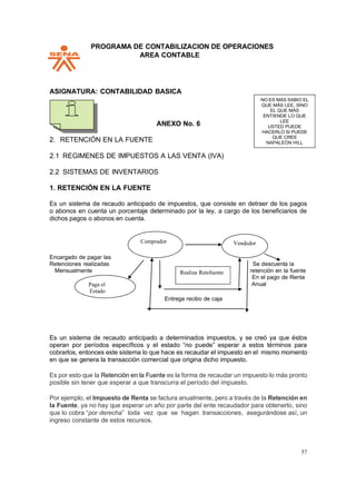 PPROGRAMA DE CONTABILIZACION DE OPERACIONES
AREA CONTABLE
57
Realiza Retefuente
ASIGNATURA: CONTABILIDAD BASICA
ANEXO No. 6
2. RETENCIÓN EN LA FUENTE
2.1 REGIMENES DE IMPUESTOS A LAS VENTA (IVA)
2.2 SISTEMAS DE INVENTARIOS
1. RETENCIÓN EN LA FUENTE
Es un sistema de recaudo anticipado de impuestos, que consiste en detraer de los pagos
o abonos en cuenta un porcentaje determinado por la ley, a cargo de los beneficiarios de
dichos pagos o abonos en cuenta.
Comprador Vendedor
Encargado de pagar las
Retenciones realizadas Se descuenta la
Mensualmente retención en la fuente
En el pago de Renta
Paga el
Estado
Entrega recibo de caja
Anual
Es un sistema de recaudo anticipado a determinados impuestos, y se creó ya que éstos
operan por períodos específicos y el estado “no puede” esperar a estos términos para
cobrarlos, entonces este sistema lo que hace es recaudar el impuesto en el mismo momento
en que se genera la transacción comercial que origina dicho impuesto.
Es por esto que la Retención en la Fuente es la forma de recaudar un impuesto lo más pronto
posible sin tener que esperar a que transcurra el período del impuesto.
Por ejemplo, el Impuesto de Renta se factura anualmente, pero a través de la Retención en
la Fuente, ya no hay que esperar un año por parte del ente recaudador para obtenerlo, sino
que lo cobra “por derecha” toda vez que se hagan transacciones, asegurándose así, un
ingreso constante de estos recursos.
 