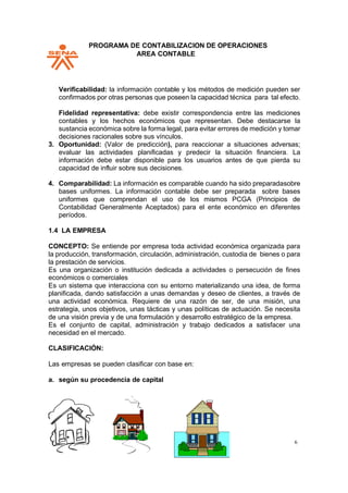 PPROGRAMA DE CONTABILIZACION DE OPERACIONES
AREA CONTABLE
6
Verificabilidad: la información contable y los métodos de medición pueden ser
confirmados por otras personas que poseen la capacidad técnica para tal efecto.
Fidelidad representativa: debe existir correspondencia entre las mediciones
contables y los hechos económicos que representan. Debe destacarse la
sustancia económica sobre la forma legal, para evitar errores de medición y tomar
decisiones racionales sobre sus vínculos.
3. Oportunidad: (Valor de predicción), para reaccionar a situaciones adversas;
evaluar las actividades planificadas y predecir la situación financiera. La
información debe estar disponible para los usuarios antes de que pierda su
capacidad de influir sobre sus decisiones.
4. Comparabilidad: La información es comparable cuando ha sido preparadasobre
bases uniformes. La información contable debe ser preparada sobre bases
uniformes que comprendan el uso de los mismos PCGA (Principios de
Contabilidad Generalmente Aceptados) para el ente económico en diferentes
períodos.
1.4 LA EMPRESA
CONCEPTO: Se entiende por empresa toda actividad económica organizada para
la producción, transformación, circulación, administración, custodia de bienes o para
la prestación de servicios.
Es una organización o institución dedicada a actividades o persecución de fines
económicos o comerciales
Es un sistema que interacciona con su entorno materializando una idea, de forma
planificada, dando satisfacción a unas demandas y deseo de clientes, a través de
una actividad económica. Requiere de una razón de ser, de una misión, una
estrategia, unos objetivos, unas tácticas y unas políticas de actuación. Se necesita
de una visión previa y de una formulación y desarrollo estratégico de la empresa.
Es el conjunto de capital, administración y trabajo dedicados a satisfacer una
necesidad en el mercado.
CLASIFICACIÓN:
Las empresas se pueden clasificar con base en:
a. según su procedencia de capital
 