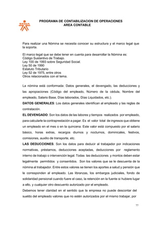 PROGRAMA DE CONTABILIZACION DE OPERACIONES
AREA CONTABLE
77
Para realizar una Nómina se necesita conocer su estructura y el marco legal que
la soporta.
El marco legal que se debe tener en cuenta para desarrollar la Nómina es:
Código Sustantivo de Trabajo.
Ley 100 de 1993 sobre Seguridad Social.
Ley 50 de 1990
Estatuto Tributario
Ley 52 de 1975, entre otros
Otros relacionados con el tema.
La nómina está conformada: Datos generales, el devengado, las deducciones y
las apropiaciones (Código del empleado, Número de la cédula, Nombre del
empleado, Salario Base, Días laborados, Días Liquidados, etc.).
DATOS GENERALES: Los datos generales identifican al empleado y las reglas de
contratación.
EL DEVENGADO: Son los datos de las labores y tiempos realizados por empleado,
para calcularle la contraprestación a pagar. Es el valor total de ingresos que obtiene
un empleado en el mes o en la quincena. Este valor está compuesto por el salario
básico, horas extras, recargos diurnos y nocturnos, dominicales, festivos,
comisiones, auxilio de transporte, etc.
LAS DEDUCCIONES: Son los datos para deducir al trabajador por indicaciones
normativas, préstamos, deducciones aceptadas, deducciones por reglamento
interno de trabajo o intervención legal. Todas las deducciones y montos deben estar
legalmente permitidos y consentidos. Son los valores que se le descuenta de la
nómina al trabajador. Entre estos valores se tienen los aportes a salud y pensión que
le corresponden al empleado. Las libranzas, los embargos judiciales, fondo de
solidaridad pensional cuando fuere el caso, la retención en la fuente si hubiere lugar
a ello, y cualquier otro descuento autorizado por el empleado.
Debemos tener claridad en el sentido que la empresa no puede descontar del
sueldo del empleado valores que no estén autorizados por el mismo trabajar, por
 