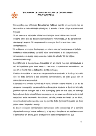 PROGRAMA DE CONTABILIZACION DE OPERACIONES
AREA CONTABLE
79
Se considera que el trabajo dominical es habitual cuando en un mismo mes se
laboran tres o más domingos (Parágrafo 2 artículo 179 del código sustantivo del
trabajo)
Si por ejemplo el trabajador labora tres domingos en un mismo mes, tendrá
derecho a tres días de descanso compensatorio remunerado, un día por el tercer
domingo y trabajado. Si trabajara cuatro domingos, tendrá derecho a cuatro
compensatorios.
Si se laboran uno o dos domingos en un mismo mes, se considera que el trabajo
dominical es ocasional y por tanto no se tiene derecho al día compensatorio
remunerado, o lo puede optar según las reglas del artículo 180 del código
sustantivo del trabajo.
Es indiferente si los domingos trabajados en un mismo mes son consecutivos o
no, lo importante para tener derecho descanso compensatorio remunerado, es
que en el mismo mes se trabaje tres o más domingos.
Cuando se concede el descanso compensatorio remunerado, el domingo laborado
que ha dado derecho a ese descanso compensatorio, se debe pagar con el
respectivo recargo dominical.
En el caso de la jornada especial de 36 horas, también se tiene derecho a un día de
descanso remunerado compensatorio en la semana siguiente al domingo laborado
[siempre que se trabajen tres o más domingos], pero en este caso, el domingo
laborado que da derecho al día compensatorio, no se paga con el recargo dominical
respectivo. Este tratamiento es exclusivo para la jornada de trabajo de 36 horas,
denominada jornada especial, para las demás, todo dominical trabajado se debe
pagar con su respectivo recargo.
El día de descanso compensatorio remunerado debe concederse en la semana
siguiente al domingo en que se laboró, y la ley no contempla que se pueda acumular
o compensar en dinero, pues el objetivo de este compensatorio es que
 