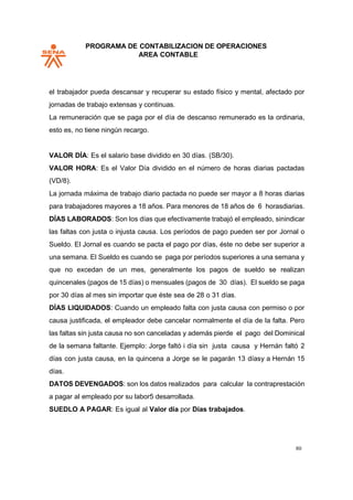 PROGRAMA DE CONTABILIZACION DE OPERACIONES
AREA CONTABLE
80
el trabajador pueda descansar y recuperar su estado físico y mental, afectado por
jornadas de trabajo extensas y continuas.
La remuneración que se paga por el día de descanso remunerado es la ordinaria,
esto es, no tiene ningún recargo.
VALOR DÍA: Es el salario base dividido en 30 días. (SB/30).
VALOR HORA: Es el Valor Día dividido en el número de horas diarias pactadas
(VD/8).
La jornada máxima de trabajo diario pactada no puede ser mayor a 8 horas diarias
para trabajadores mayores a 18 años. Para menores de 18 años de 6 horasdiarias.
DÍAS LABORADOS: Son los días que efectivamente trabajó el empleado, sinindicar
las faltas con justa o injusta causa. Los períodos de pago pueden ser por Jornal o
Sueldo. El Jornal es cuando se pacta el pago por días, éste no debe ser superior a
una semana. El Sueldo es cuando se paga por períodos superiores a una semana y
que no excedan de un mes, generalmente los pagos de sueldo se realizan
quincenales (pagos de 15 días) o mensuales (pagos de 30 días). El sueldo se paga
por 30 días al mes sin importar que éste sea de 28 o 31 días.
DÍAS LIQUIDADOS: Cuando un empleado falta con justa causa con permiso o por
causa justificada, el empleador debe cancelar normalmente el día de la falta. Pero
las faltas sin justa causa no son canceladas y además pierde el pago del Dominical
de la semana faltante. Ejemplo: Jorge faltó i día sin justa causa y Hernán faltó 2
días con justa causa, en la quincena a Jorge se le pagarán 13 díasy a Hernán 15
días.
DATOS DEVENGADOS: son los datos realizados para calcular la contraprestación
a pagar al empleado por su labor5 desarrollada.
SUEDLO A PAGAR: Es igual al Valor día por Días trabajados.
 