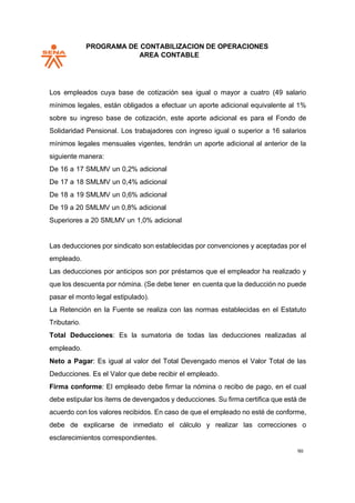 PROGRAMA DE CONTABILIZACION DE OPERACIONES
AREA CONTABLE
90
Los empleados cuya base de cotización sea igual o mayor a cuatro (49 salario
mínimos legales, están obligados a efectuar un aporte adicional equivalente al 1%
sobre su ingreso base de cotización, este aporte adicional es para el Fondo de
Solidaridad Pensional. Los trabajadores con ingreso igual o superior a 16 salarios
mínimos legales mensuales vigentes, tendrán un aporte adicional al anterior de la
siguiente manera:
De 16 a 17 SMLMV un 0,2% adicional
De 17 a 18 SMLMV un 0,4% adicional
De 18 a 19 SMLMV un 0,6% adicional
De 19 a 20 SMLMV un 0,8% adicional
Superiores a 20 SMLMV un 1,0% adicional
Las deducciones por sindicato son establecidas por convenciones y aceptadas por el
empleado.
Las deducciones por anticipos son por préstamos que el empleador ha realizado y
que los descuenta por nómina. (Se debe tener en cuenta que la deducción no puede
pasar el monto legal estipulado).
La Retención en la Fuente se realiza con las normas establecidas en el Estatuto
Tributario.
Total Deducciones: Es la sumatoria de todas las deducciones realizadas al
empleado.
Neto a Pagar: Es igual al valor del Total Devengado menos el Valor Total de las
Deducciones. Es el Valor que debe recibir el empleado.
Firma conforme: El empleado debe firmar la nómina o recibo de pago, en el cual
debe estipular los ítems de devengados y deducciones. Su firma certifica que está de
acuerdo con los valores recibidos. En caso de que el empleado no esté de conforme,
debe de explicarse de inmediato el cálculo y realizar las correcciones o
esclarecimientos correspondientes.
 